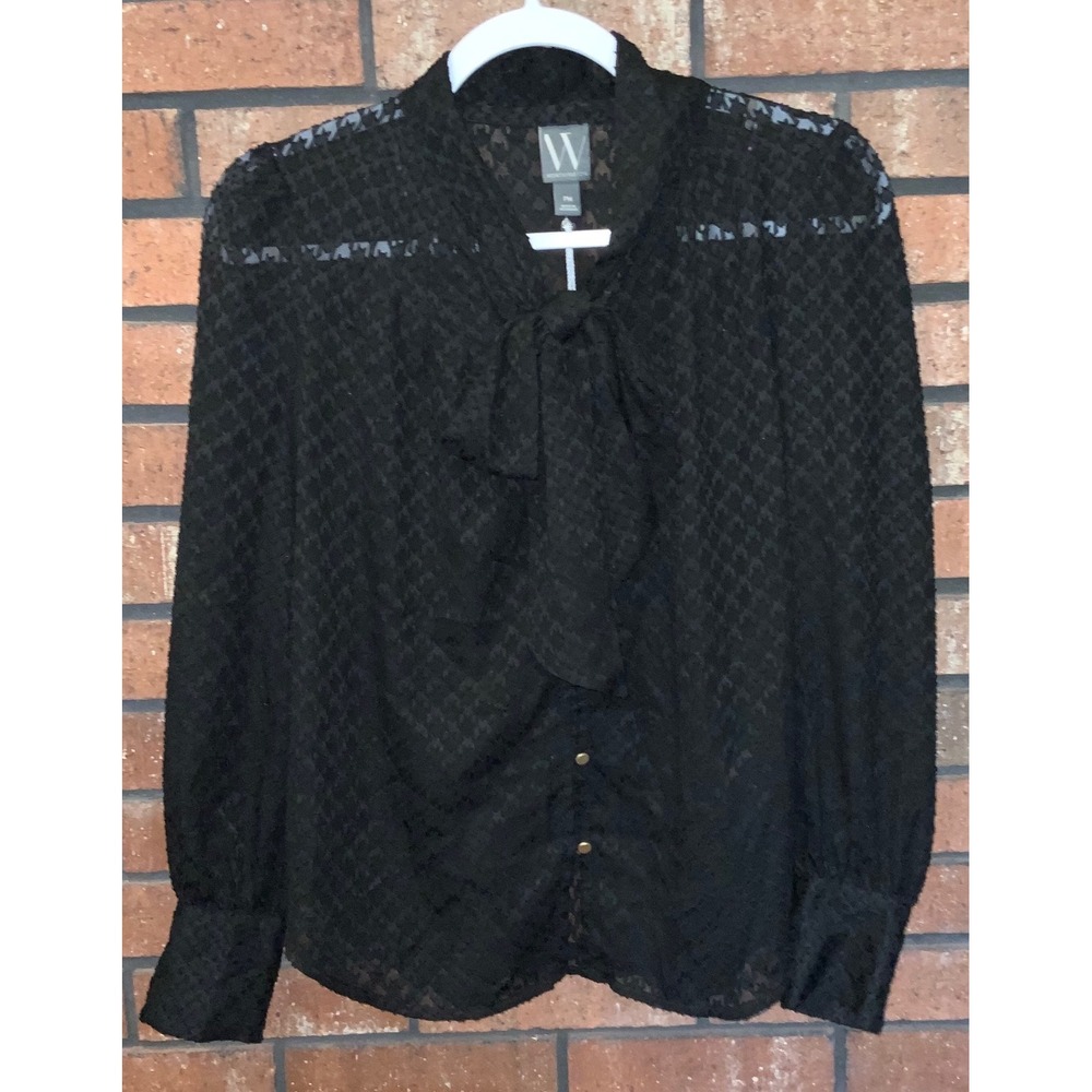 Worthington Black Lace Tie Neck Blouse Petite Medium NWT Gold Button Long Sleeve